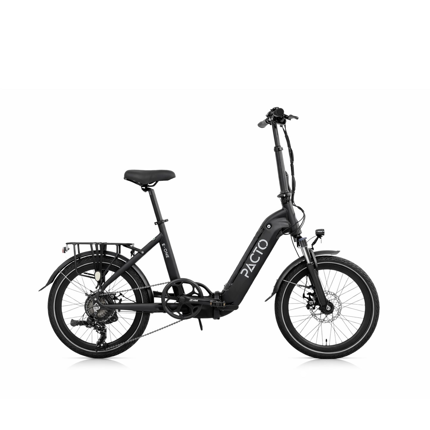 Matte black PACTO E-ONE electric folding bike with 20 inch wheels, low step-through frame and Shimano 7 speed gearing, isolated on white background
