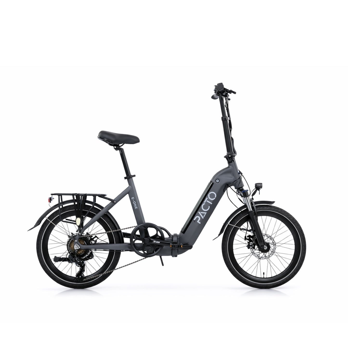 PACTO E-One folding electric bike in matte grey, right side view on white background with rear rack and disc brakes