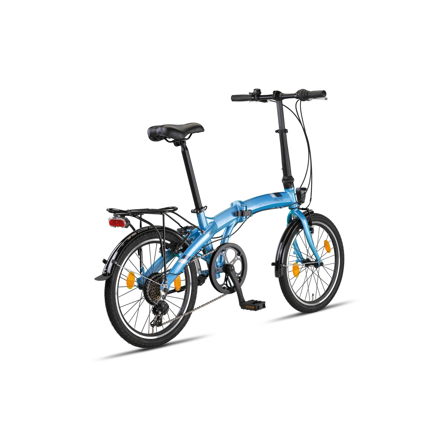 PACTO THREE blue 20-inch folding bike with rack and Shimano 6-speed, compact urban design. vouwfiets met bagagedrager en Shimano 6-speed, compact urban design.
