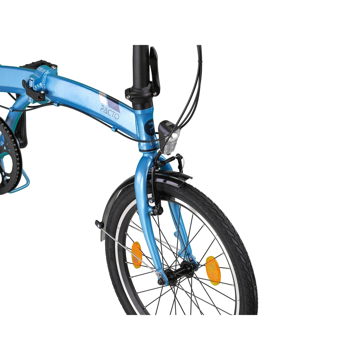 PACTO THREE blue 20-inch folding bike with rack and Shimano 6-speed, compact urban design. vouwfiets met bagagedrager en Shimano 6-speed, compact urban design.