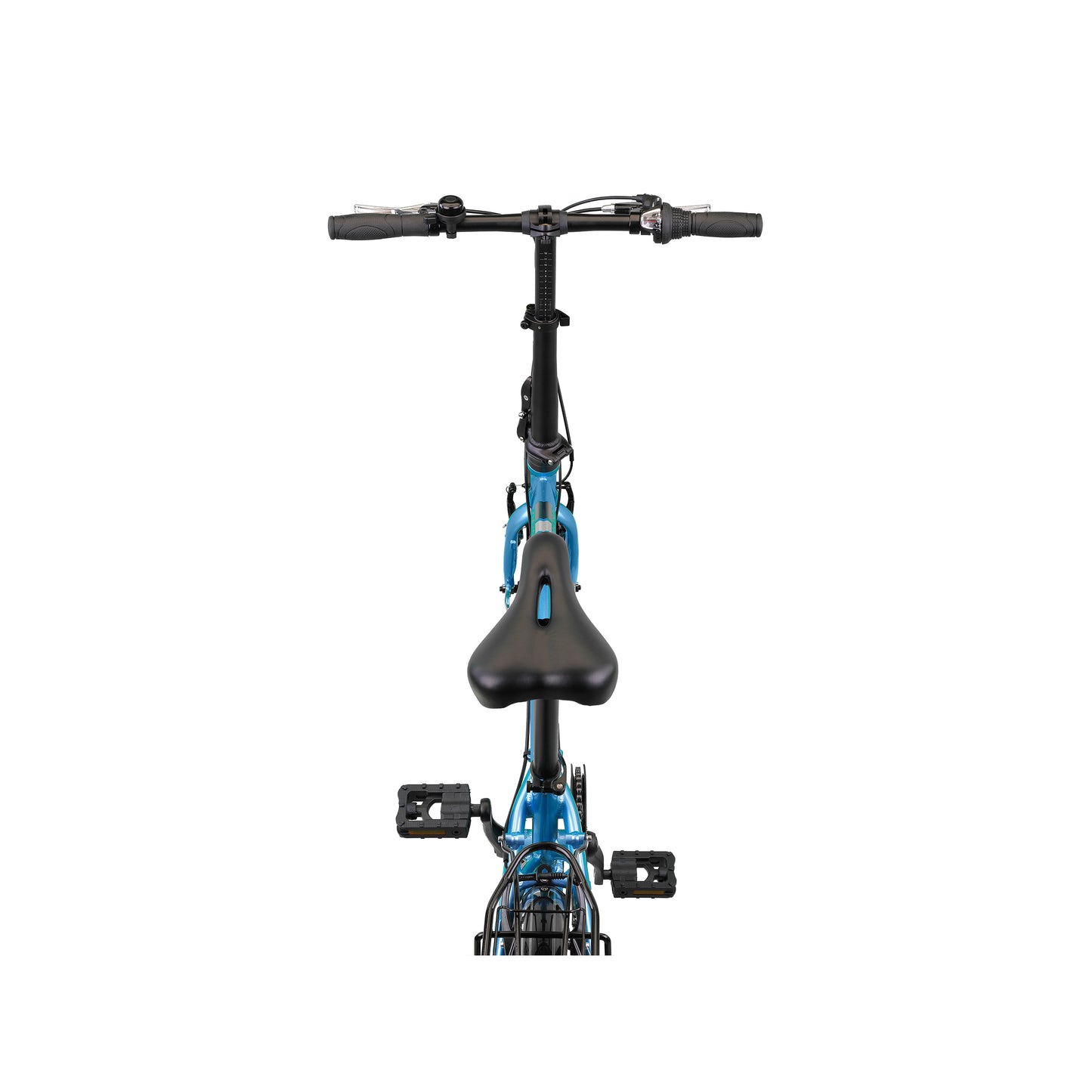 PACTO THREE blue 20-inch folding bike with rack and Shimano 6-speed, compact urban design. vouwfiets met bagagedrager en Shimano 6-speed, compact urban design.