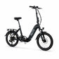 Matte black PACTO E-ONE electric folding bike with 20 inch wheels, low step-through frame and Shimano 7 speed gearing, isolated on white background