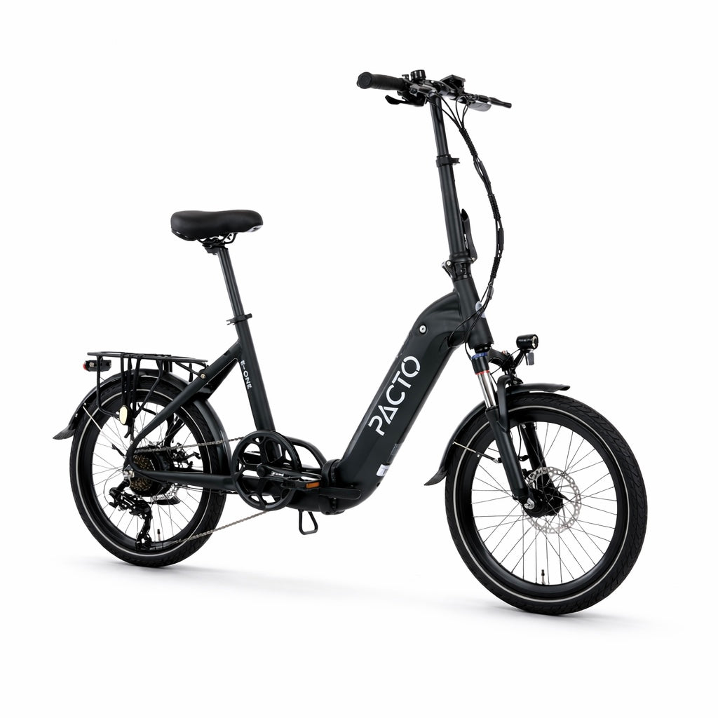 Matte black PACTO E-ONE electric folding bike with 20 inch wheels, low step-through frame and Shimano 7 speed gearing, isolated on white background