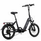 Matte black PACTO E-ONE electric folding bike with 20 inch wheels, low step-through frame and Shimano 7 speed gearing, isolated on white background