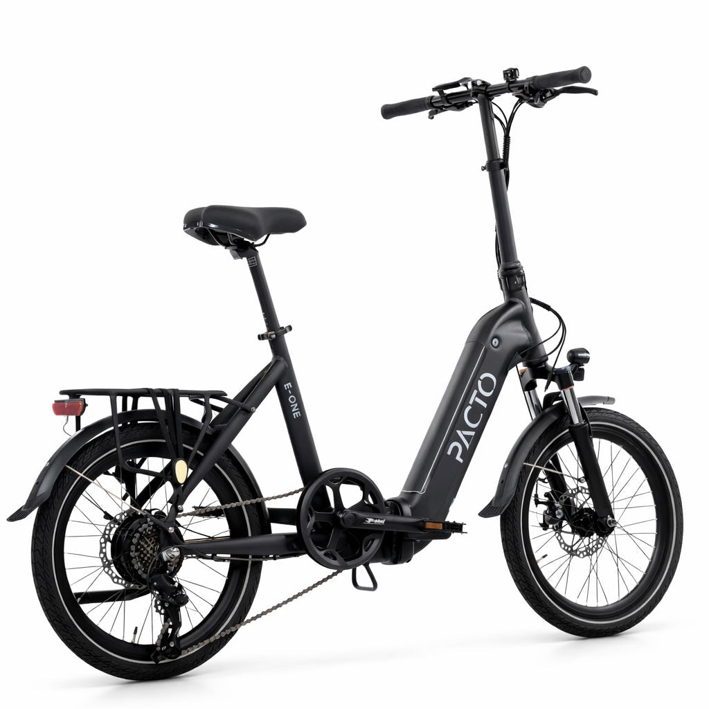 Matte black PACTO E-ONE electric folding bike with 20 inch wheels, low step-through frame and Shimano 7 speed gearing, isolated on white background