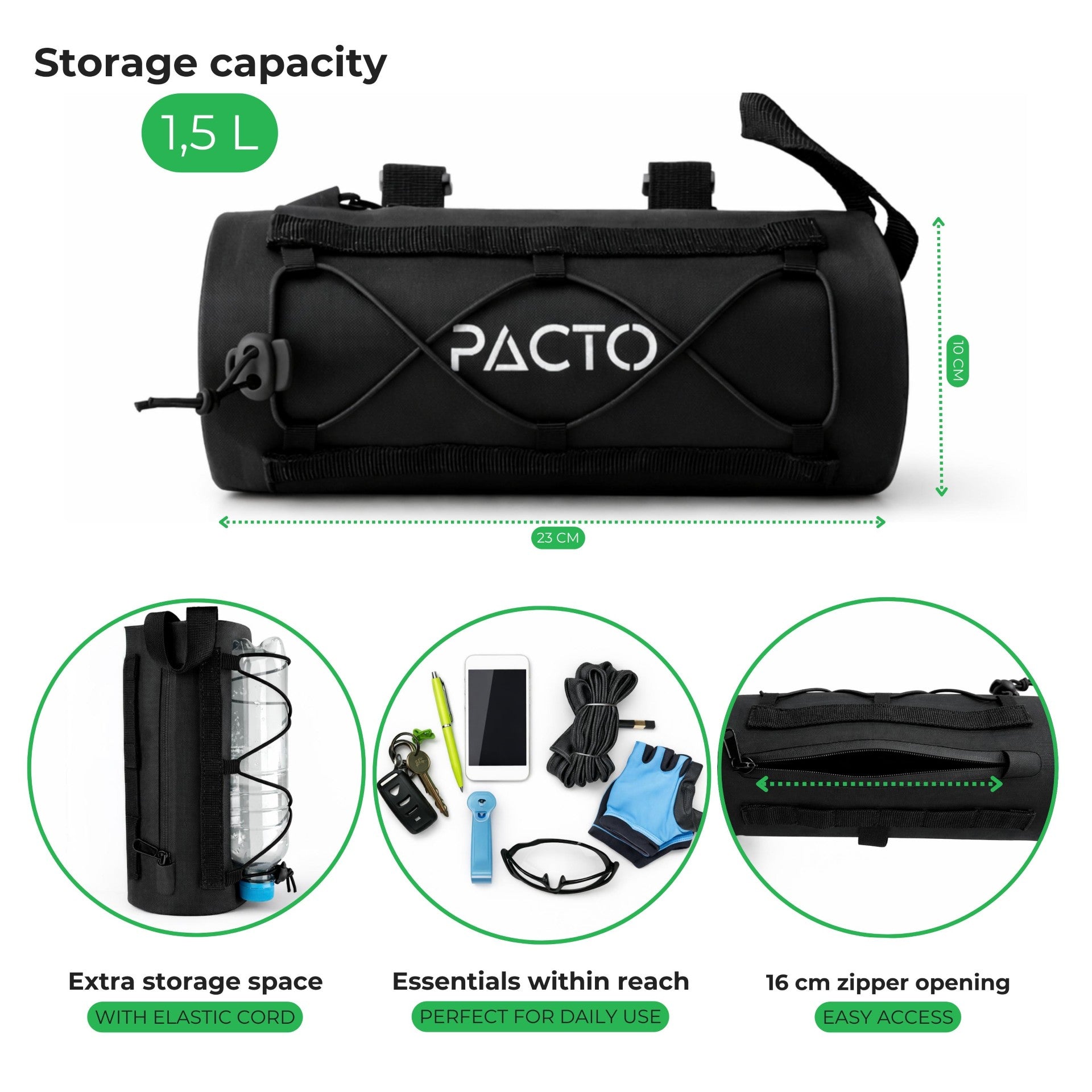 PACTO - Handlebar bag - black - 1,5L - stuurtas - fietstas - 