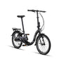 Nederlands:
Zwarte PACTO vouwfiets met lage instap, bagagedrager en spatborden, schuin van voren op een witte achtergrond.

Engels:
Black PACTO folding bike with a low step-through frame, rear rack and mudguards, viewed from a front three-quarter angle on a white background.