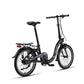 Nederlands:
Zwarte PACTO vouwfiets met lage instap, bagagedrager en spatborden, schuin van achteren op een witte achtergrond.

Engels:
Black PACTO folding bike with a low step-through frame, rear rack and mudguards, viewed from a rear three-quarter angle on a white background.