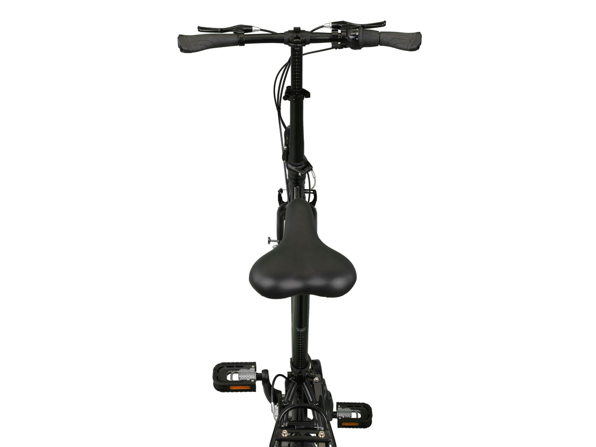 Nederlands:
Zwarte PACTO vouwfiets van bovenaf gezien, met zadel, stuur, remhendels en pedalen op een witte achtergrond.

Engels:
Black PACTO folding bike viewed from above, showing the saddle, handlebars, brake levers and pedals on a white background.