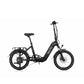 Matte black PACTO E-ONE electric folding bike with 20 inch wheels, low step-through frame and Shimano 7 speed gearing, isolated on white background