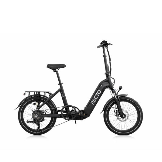 Matte black PACTO E-ONE electric folding bike with 20 inch wheels, low step-through frame and Shimano 7 speed gearing, isolated on white background