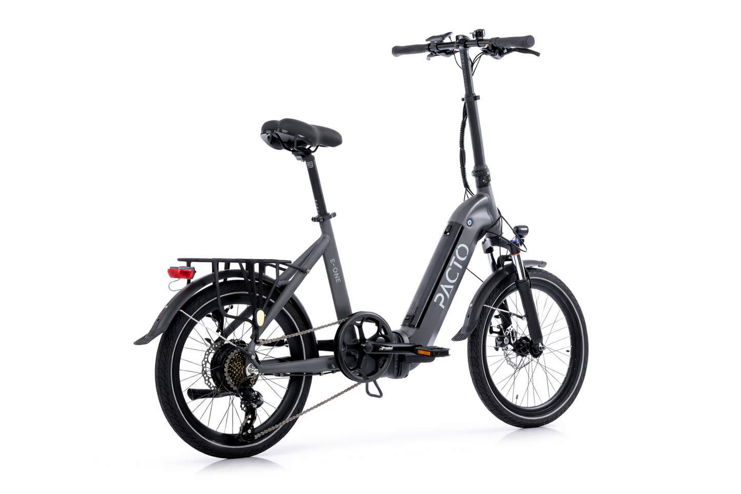 PACTO E-One compact electric folding bike in matte grey, rear three-quarter view with luggage rack and rear light