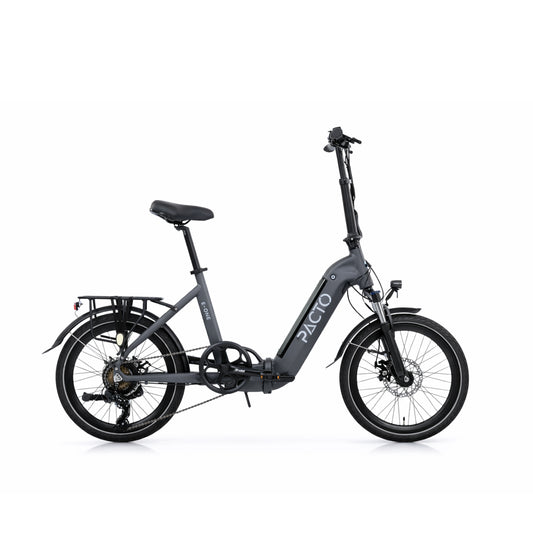 PACTO E-One folding electric bike in matte grey, right side view on white background with rear rack and disc brakes