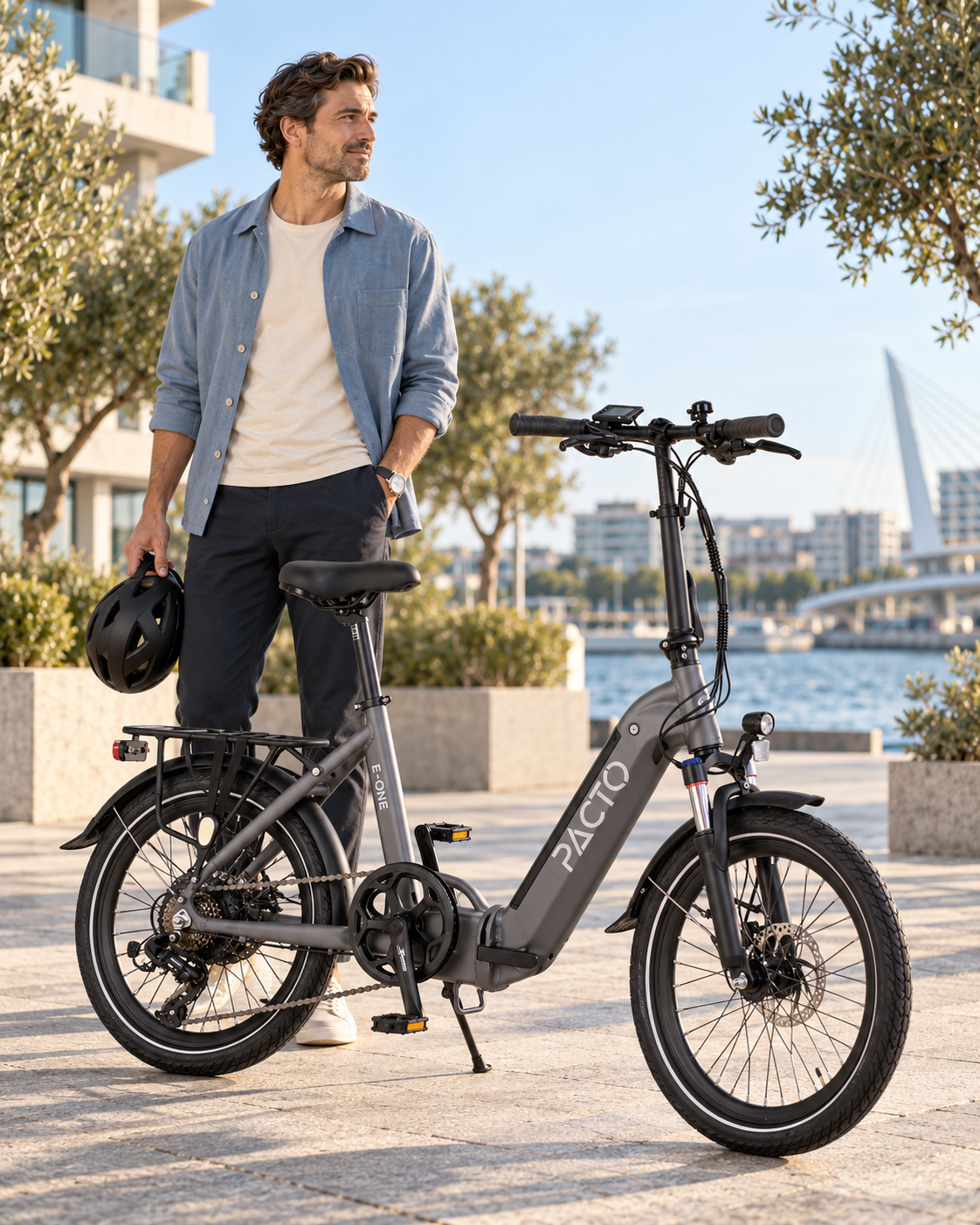 Nederlands
Opgevouwen grijze PACTO E‑ONE elektrische vouwfiets bij Rotterdam Centraal, klaar om mee te nemen in de trein.

English
Folded grey PACTO E‑ONE electric folding bike at Rotterdam Central Station, ready to take on the train.