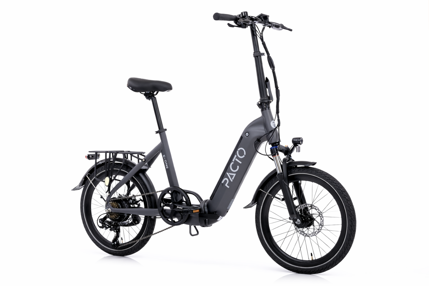 PACTO E-One foldable e-bike in matte grey shown at front three-quarter angle with integrated battery and 20-inch wheels