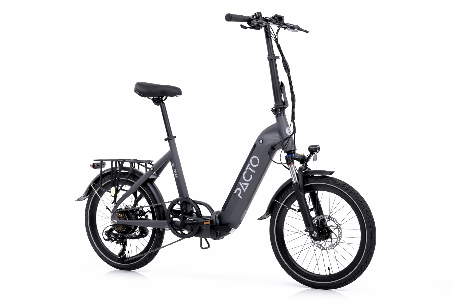 PACTO E-One foldable e-bike in matte grey shown at front three-quarter angle with integrated battery and 20-inch wheels