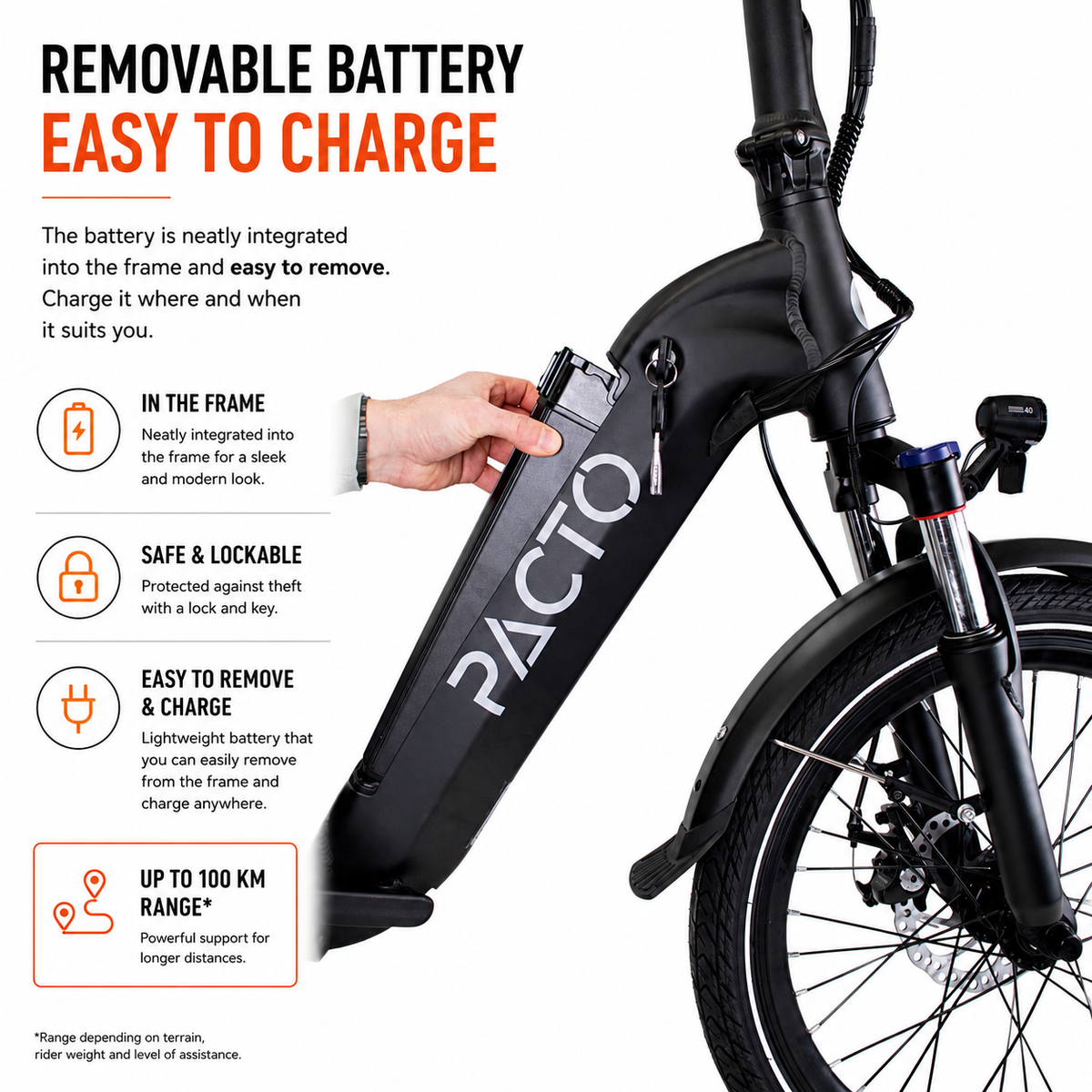 PACTO E-ONE - Electric Folding Bike - 20 inch - Shimano 7 Speed Derailleur - Low entry Frame - Black