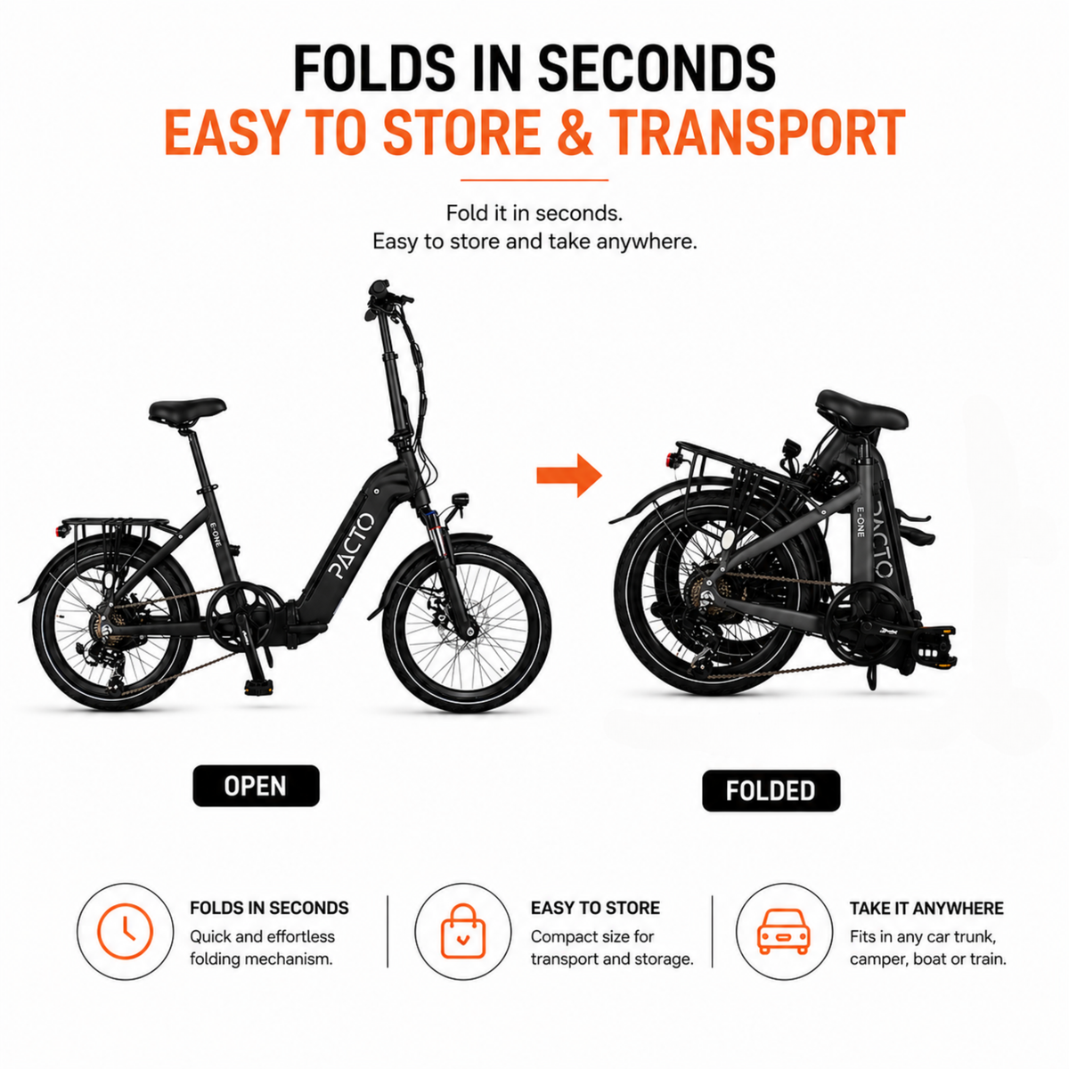 PACTO E-ONE - Electric Folding Bike - 20 inch - Shimano 7 Speed Derailleur - Low entry Frame - Black