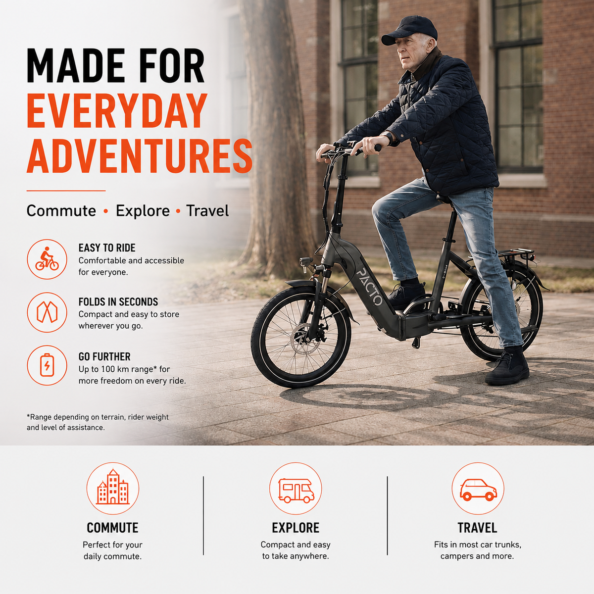 PACTO E-ONE - Electric Folding Bike - 20 inch - Shimano 7 Speed Derailleur - Low entry Frame - Black