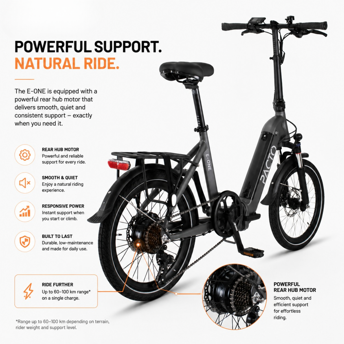 PACTO E-ONE - Electric Folding Bike - 20 inch - Shimano 7 Speed Derailleur - Low entry Frame - Black