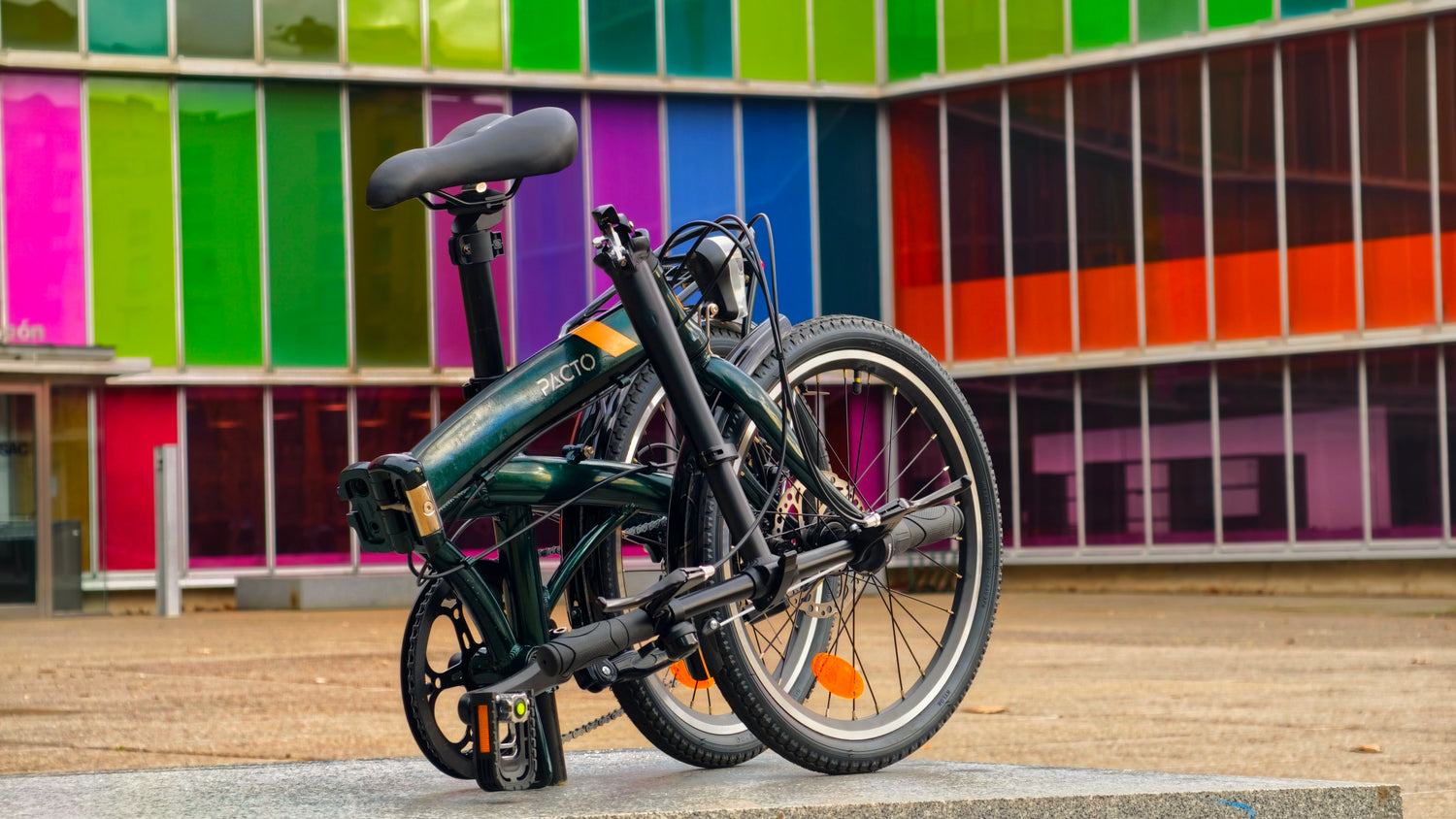 PACTO FOUR S folding bike with Shimano gears, compact green folding bicycle for urban commuting