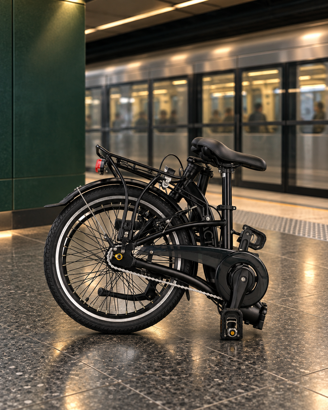 Nederlands:
Detail van de zwarte PACTO SEVEN vouwfiets met bagagedrager, achterwiel, achterrem, spatbord en kettingkast.

Engels:
Close-up of the black PACTO SEVEN folding bike, showing the rear rack, rear wheel, rear brake, mudguard and chain guard.