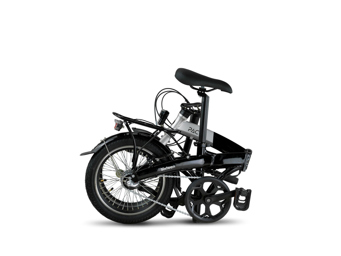 PACTO SIXTEEN 16 inch folding bike folded position, compact design with Shimano Nexus 3 internal hub, silver and black frame