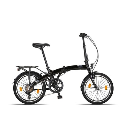 PACTO THREE blue 20-inch folding bike with rack and Shimano 6-speed, compact urban design. vouwfiets met bagagedrager en Shimano 6-speed, compact urban design. 